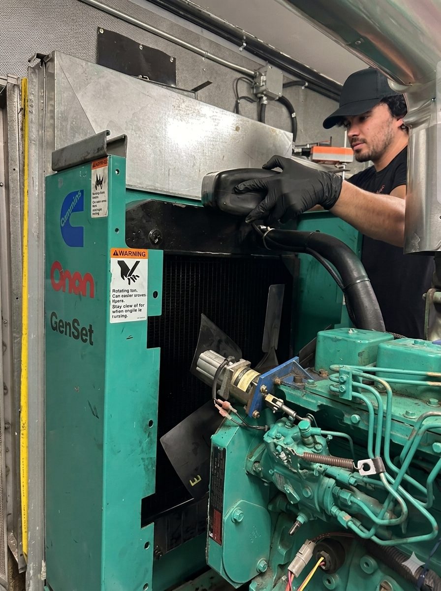 Cummins Onan standby genset being serviced by a GenWorx technician