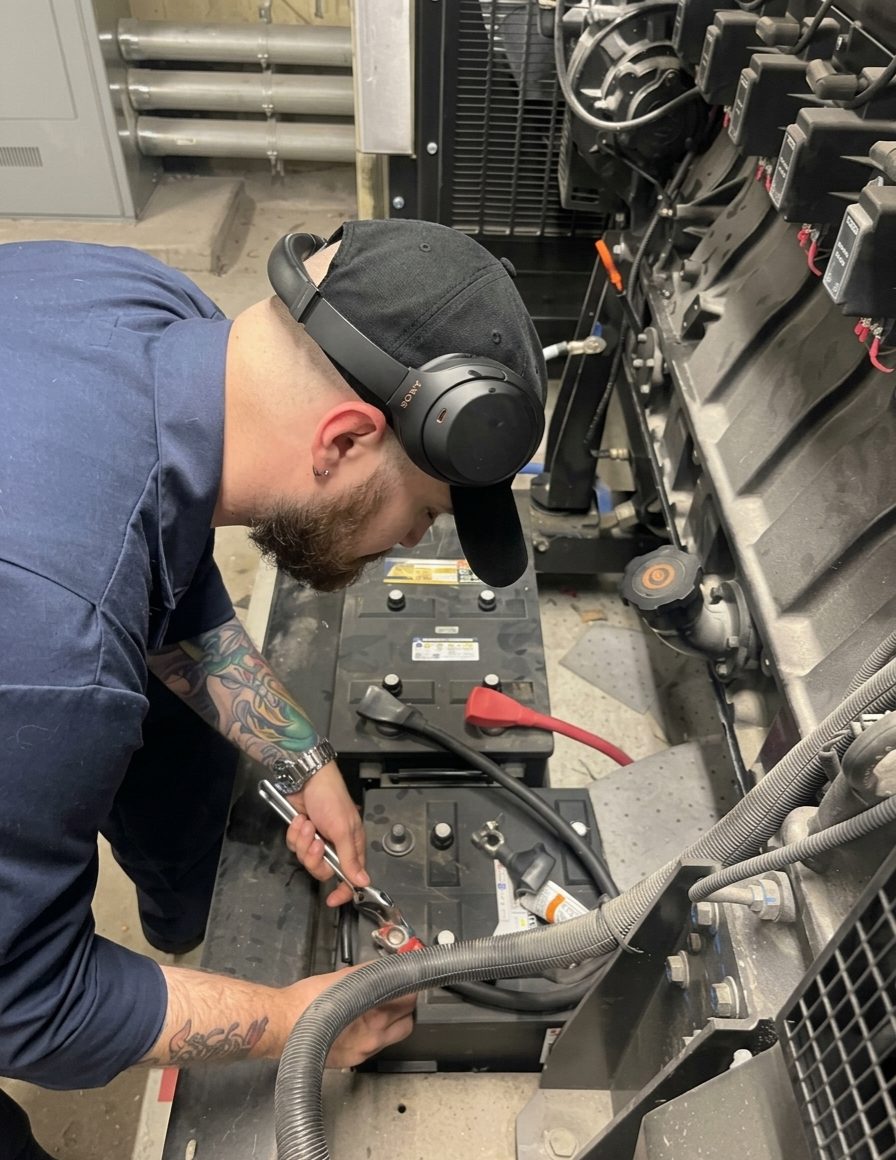GenWorx technician servicing the starting batteries on a standby generator